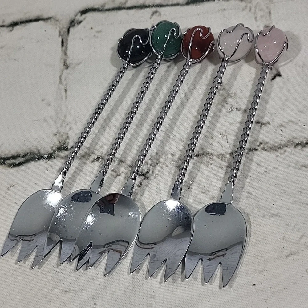 Quartz Topped Cocktail Sporks Silver-tone Wire‎ Wrapped Glossy Stones Set Of 5